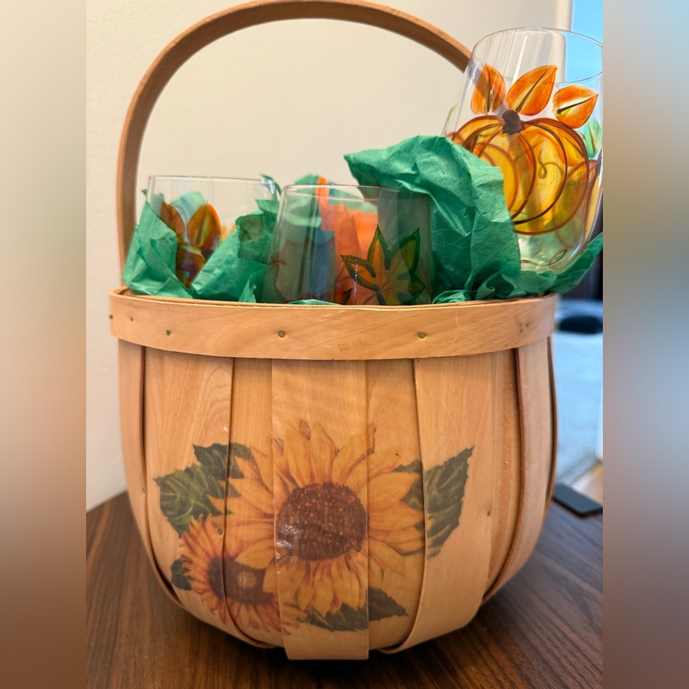 Sunflower Decorated Wooden Basket with 6 Wine Glasses